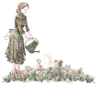 Ilustrasi cat air: seorang ibu menyiram kebun mawar